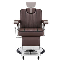 Thumbnail for Majesty Antique Barbershop Chairs Brown Variant Front View Demonstrating Pull Out Headrest Range On White Background