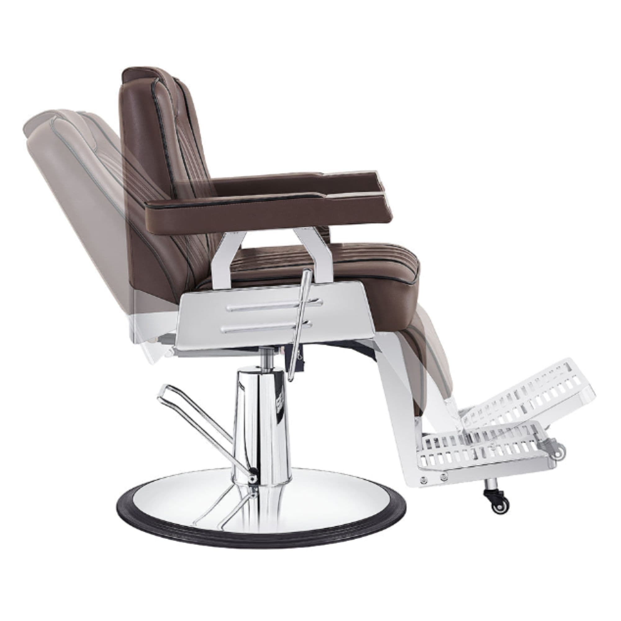 Majesty Antique Barbershop Chairs Brown Variant Side View Demonstrating Swing Adjustment On White Background