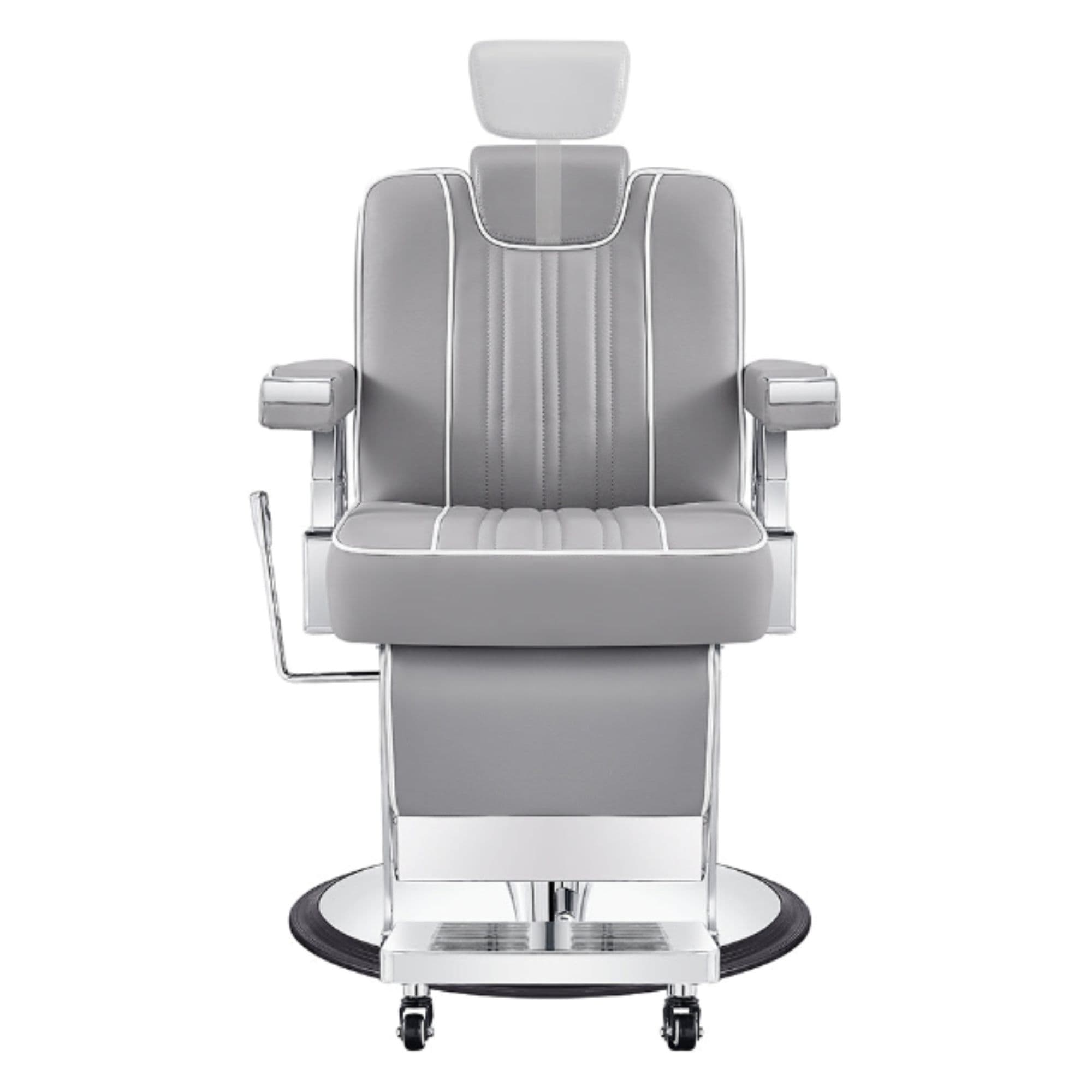 Majesty Antique Barbershop Chairs Gray Variant Front View Demonstrating Pull Out Headrest Range On White Background