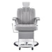 Majesty Antique Barbershop Chairs Gray Variant Front View Demonstrating Pull Out Headrest Range On White Background