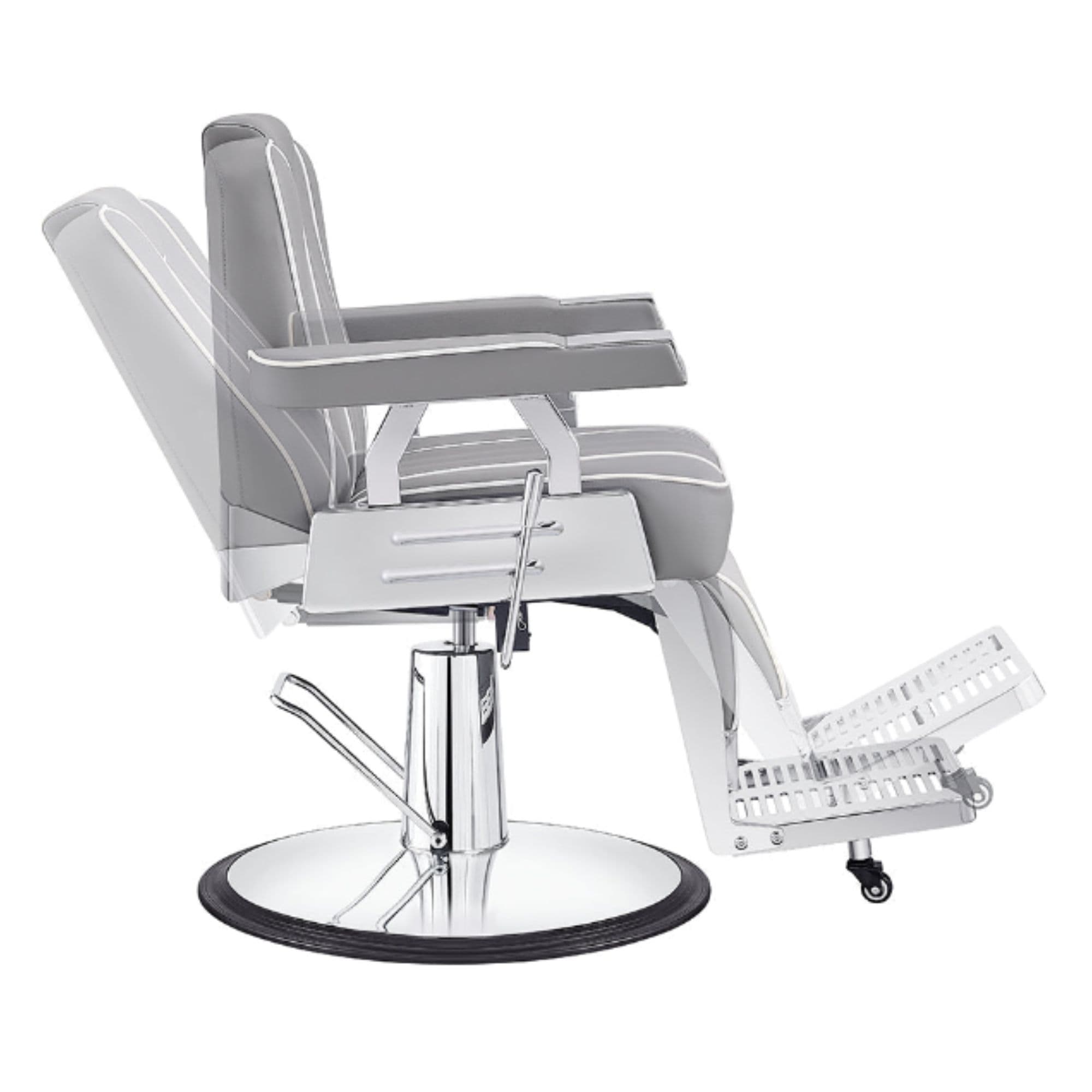 Majesty Antique Barbershop Chairs Gray Variant Side View Demonstrating Swing Adjustment On White Background