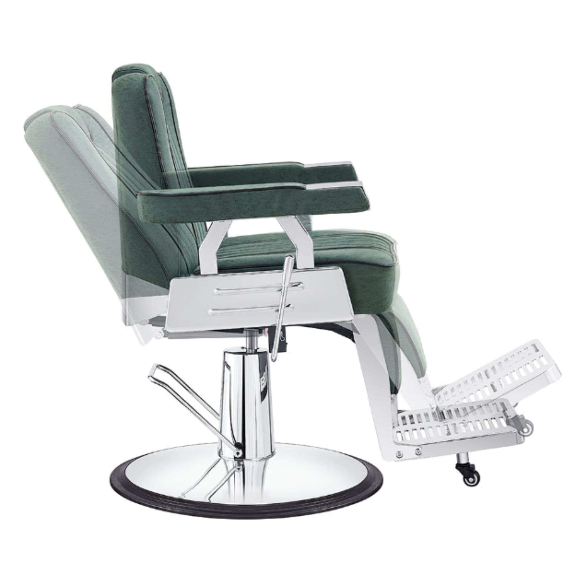 Majesty Antique Barbershop Chairs Green Variant Side View Demonstrating Swing Adjustment On White Background