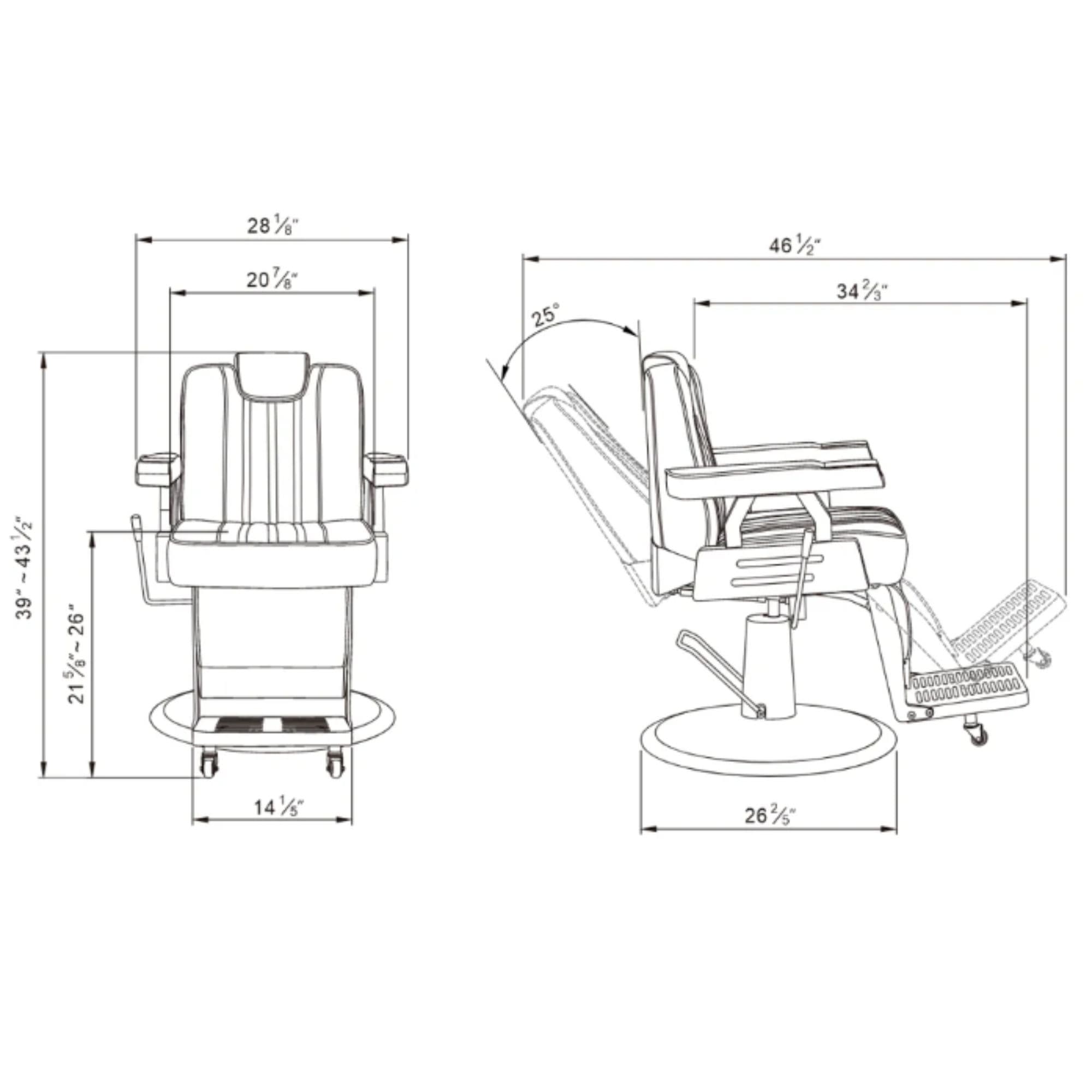 Majesty Antique Barbershop Chairs Product Dimension Diagram
