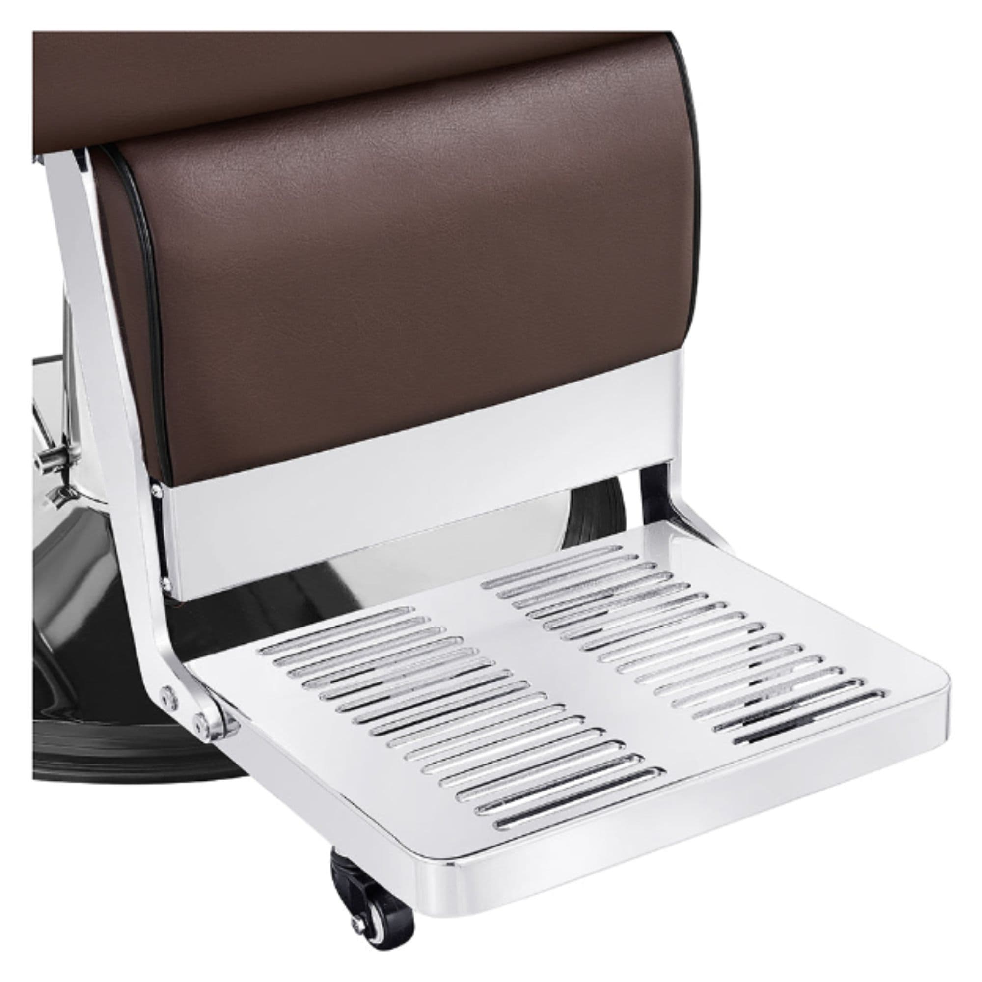 Majesty Classic Antique Barber Chair Brown Variant With Close-Up View Of Metal Footrest Platform On White Background