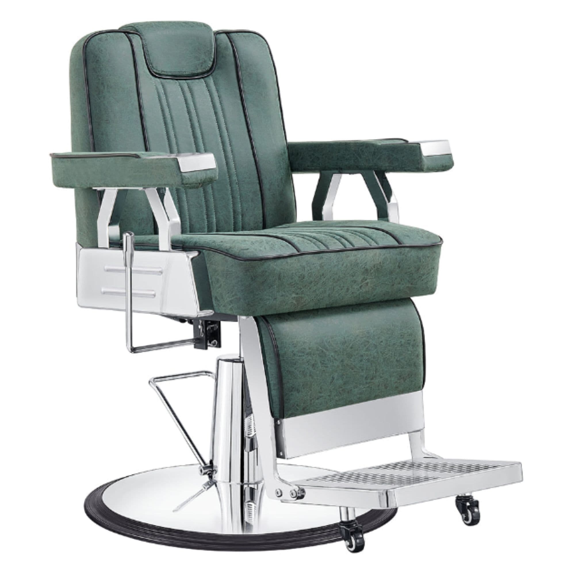 Majesty Classic Antique Barber Chair Majesty Antique Barbershop Chairs Green Variant Front Angled View On White Background