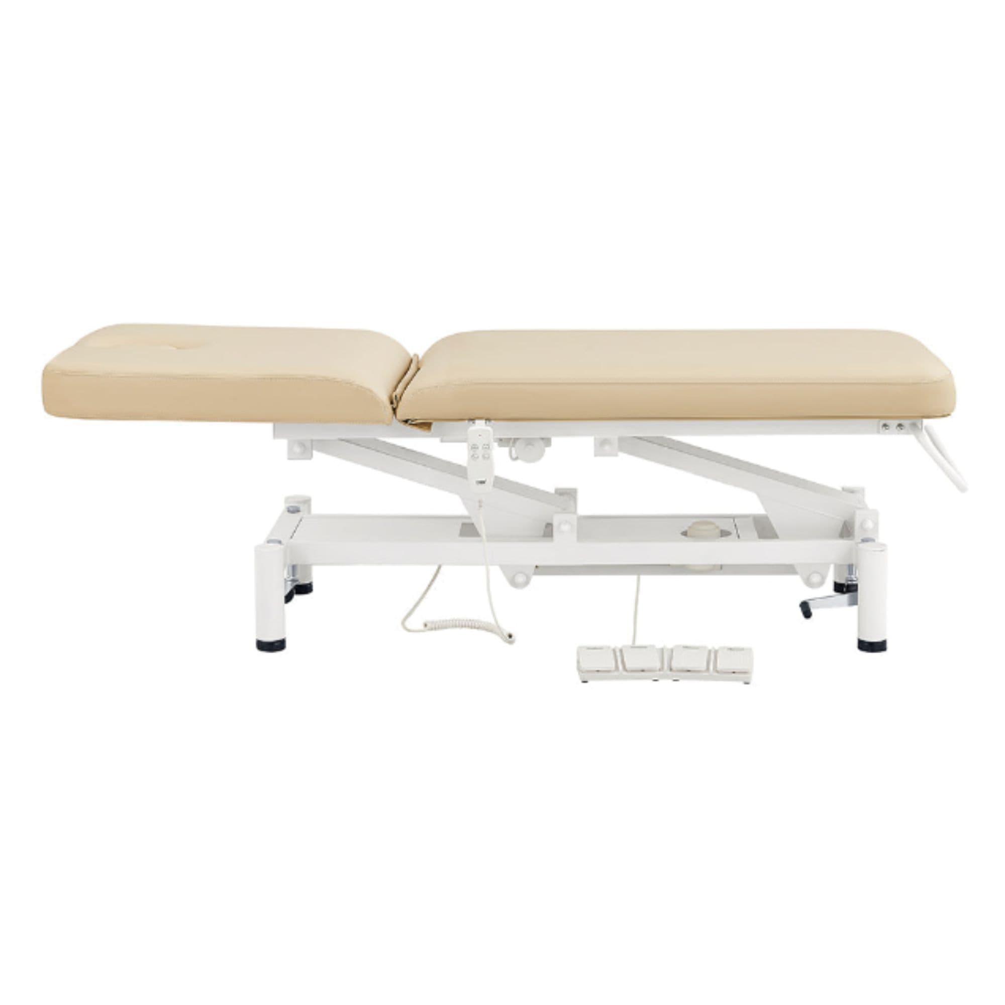 Mar Egeo 2-Motors Electric Medical Spa Treatment Bed Beige Variant Side View Fully Reclined On White Background