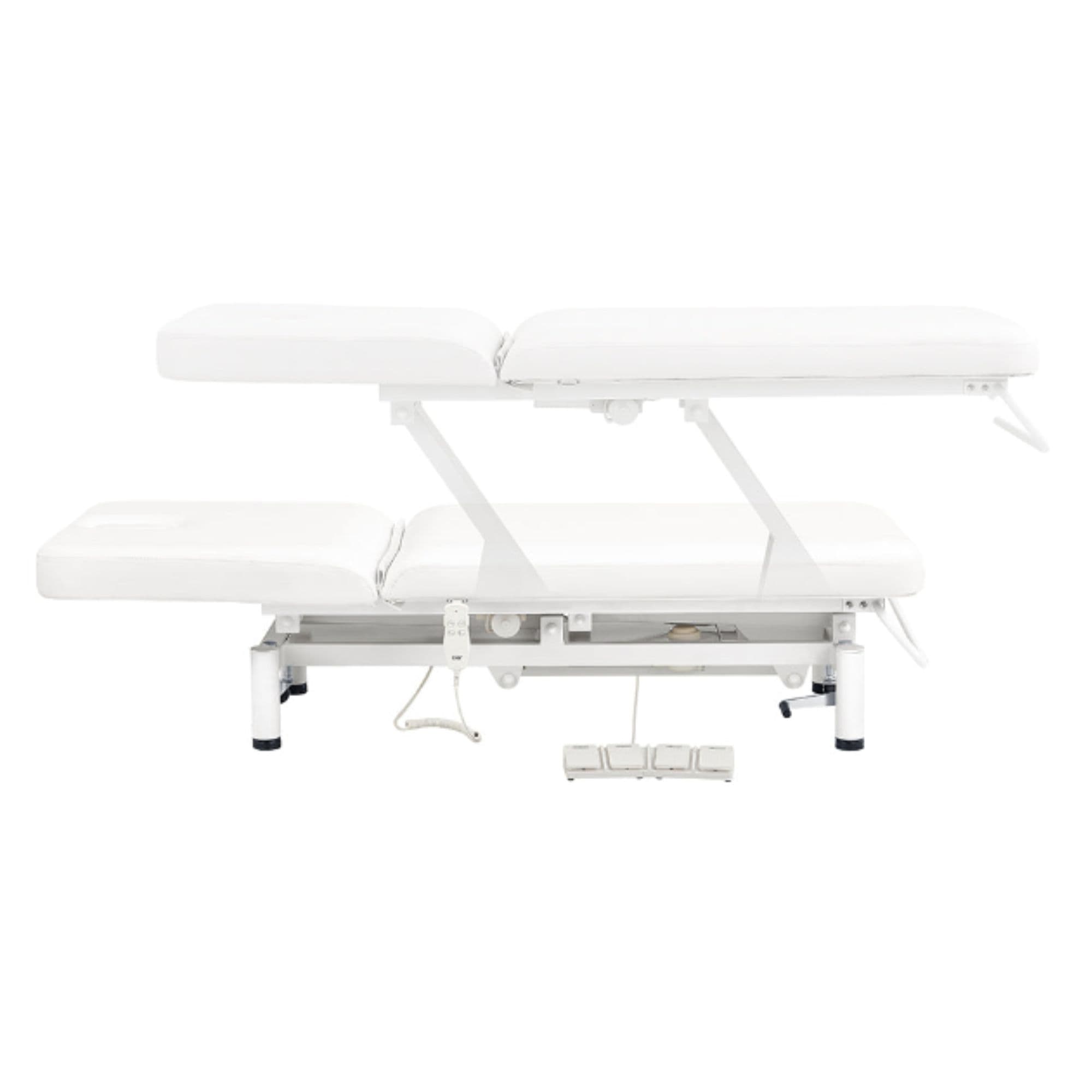 Mar Egeo 2-Motors Electric Medical Spa Treatment Bed Side View And Fully Reclined Of White Variant Showing An Up And Down Adjustment With Foot Control On White Background