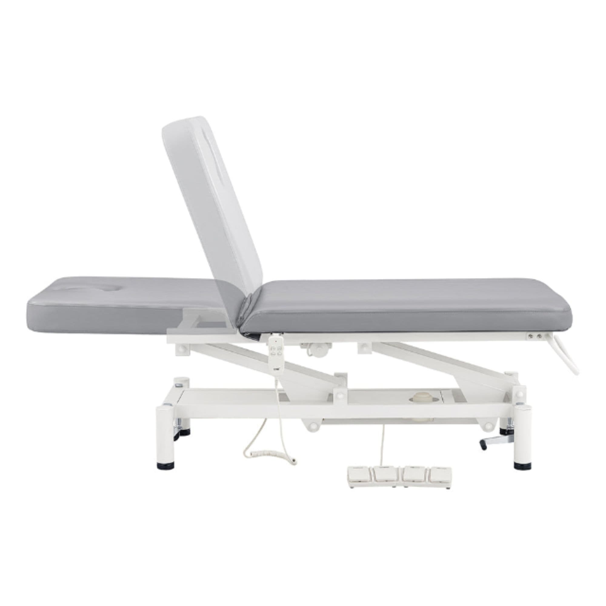 Mar Egeo 2-Motors Electric Medical Spa Treatment Bed Side View Of Gray Variant Demonstrating Backrest Recline Adjustment Range On White Background