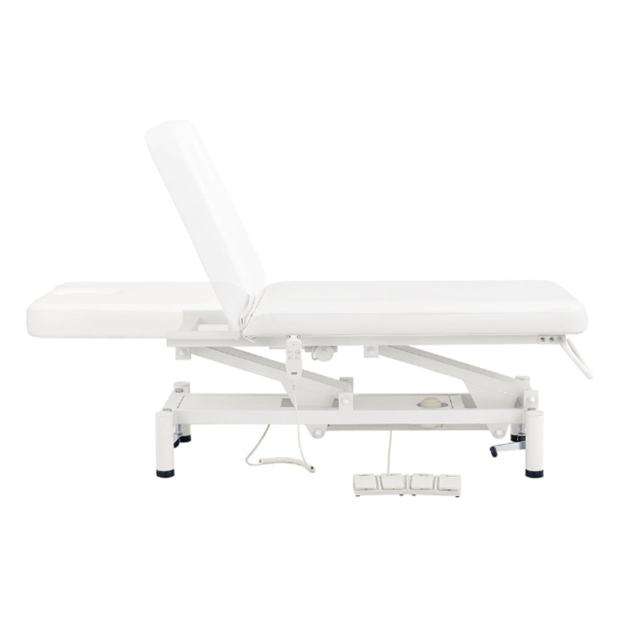 Mar Egeo 2-Motors Electric Medical Spa Treatment Bed Side View Of White Variant Demonstrating Backrest Recline Adjustment Range On White Background