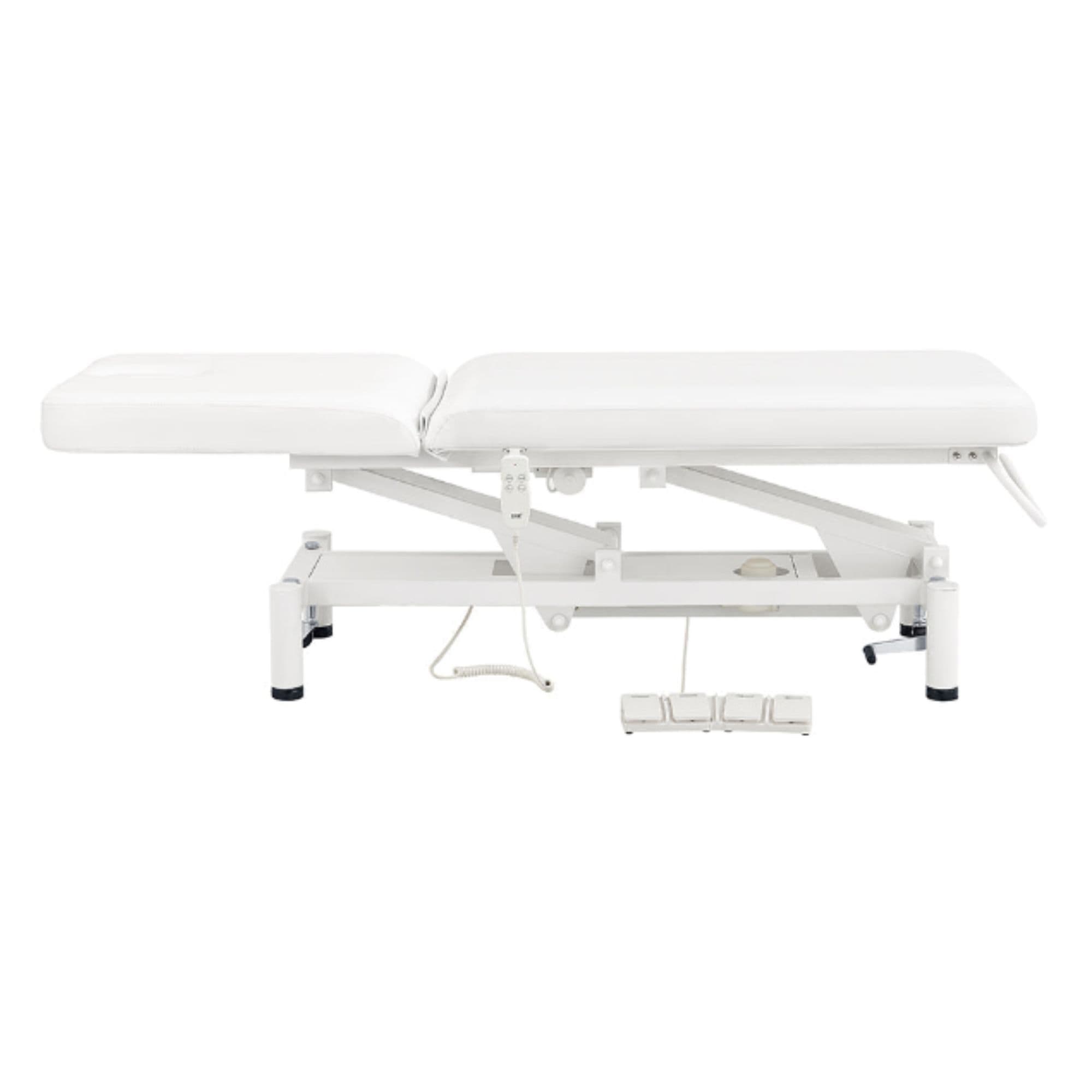 Mar Egeo 2-Motors Electric Medical Spa Treatment Bed White Variant Side View Fully Reclined On White Background