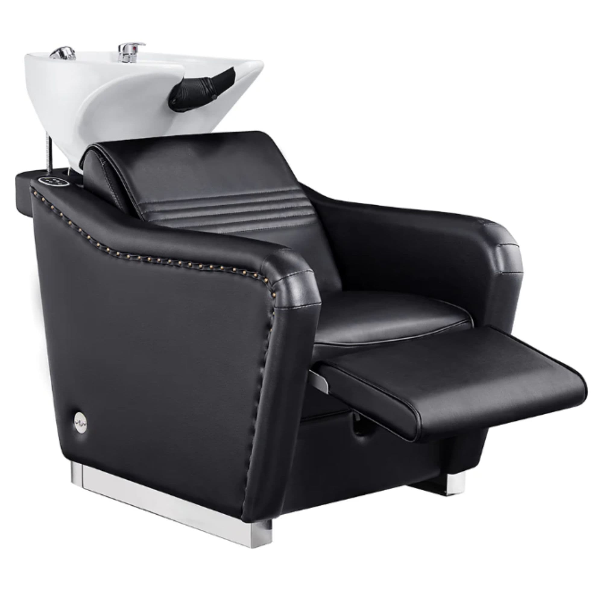 Marvel Massage Shampoo Backwash Unit Black Front Angled View Of White Single Shampoo Wash Station With Fully Reclined Leg Rest