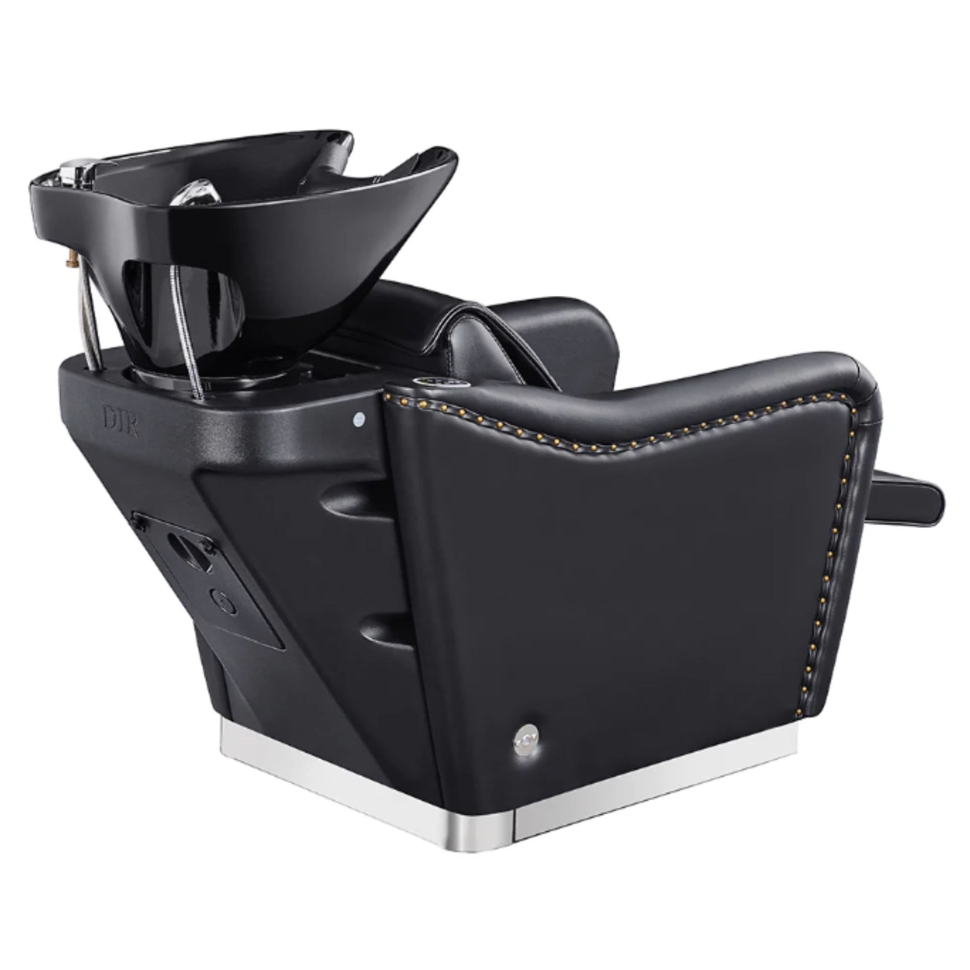 Marvel Massage Shampoo Backwash Unit Black Rear Angle View Of Black Single Shampoo Wash Station And Fully Reclined Leg Rest On White Clean Background