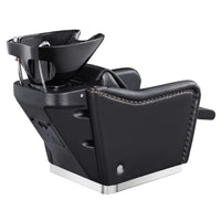Thumbnail for Marvel Massage Shampoo Backwash Unit Black Rear Angle View Of Black Single Shampoo Wash Station And Fully Reclined Leg Rest On White Clean Background