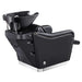 Marvel Massage Shampoo Backwash Unit Black Rear Angle View Of Black Single Shampoo Wash Station And Fully Reclined Leg Rest On White Clean Background