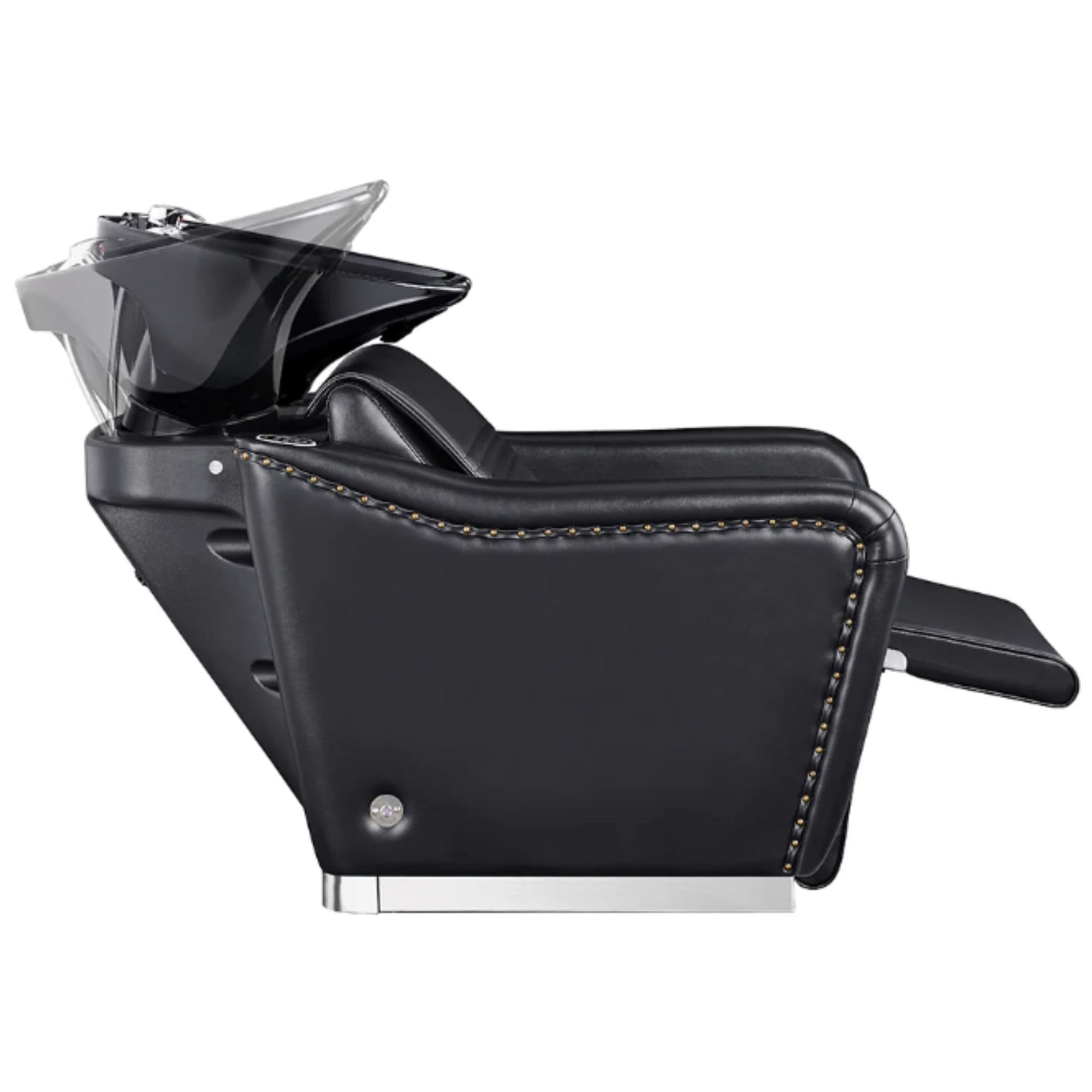 Marvel Massage Shampoo Backwash Unit Black Side View Of Black Single Shampoo Wash Station With Fully Reclined Leg Rest On White Clean Background