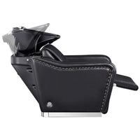Thumbnail for Marvel Massage Shampoo Backwash Unit Black Side View Of Black Single Shampoo Wash Station With Fully Reclined Leg Rest On White Clean Background