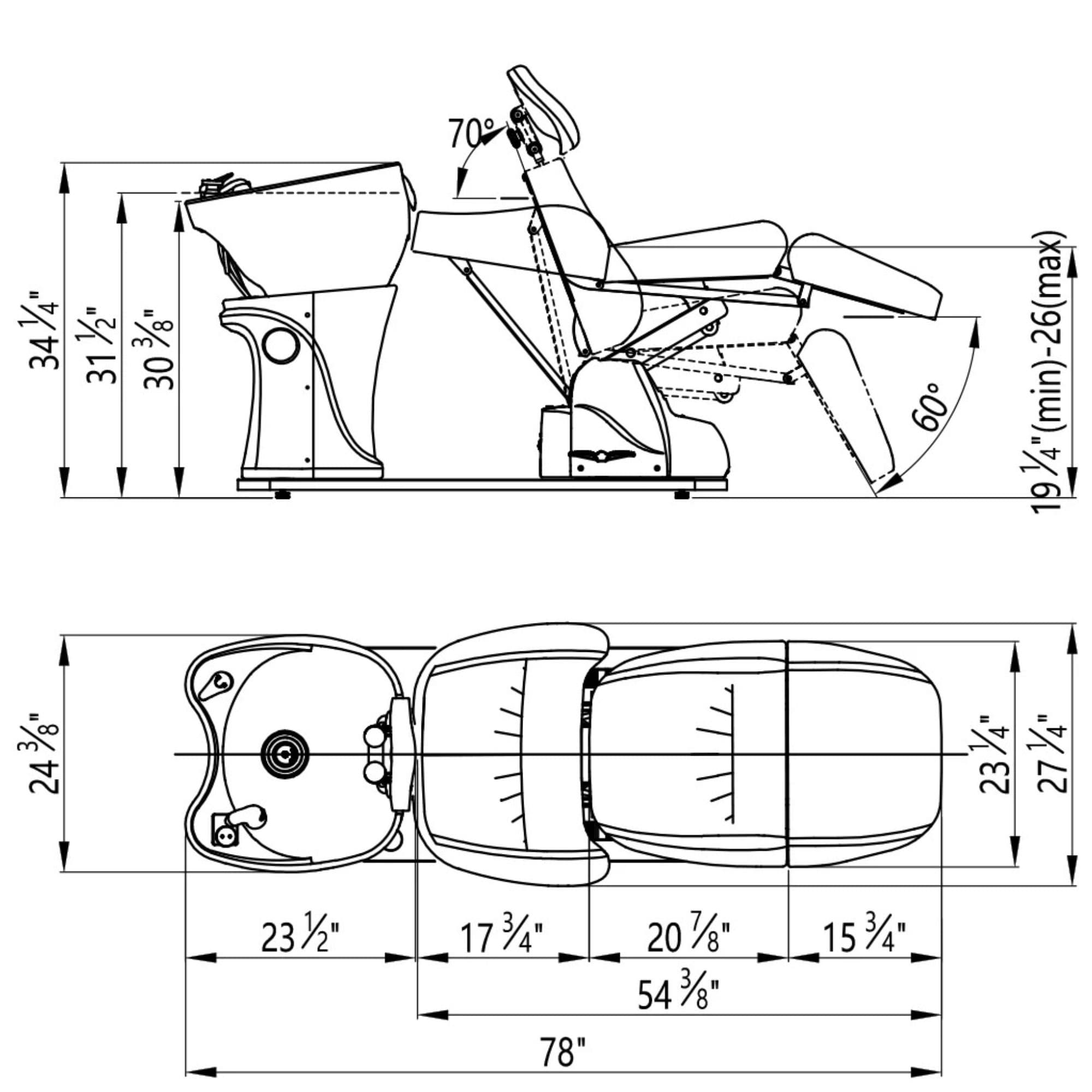 Maximus Reclining Salon Shampoo Bed Product Dimension Diagram