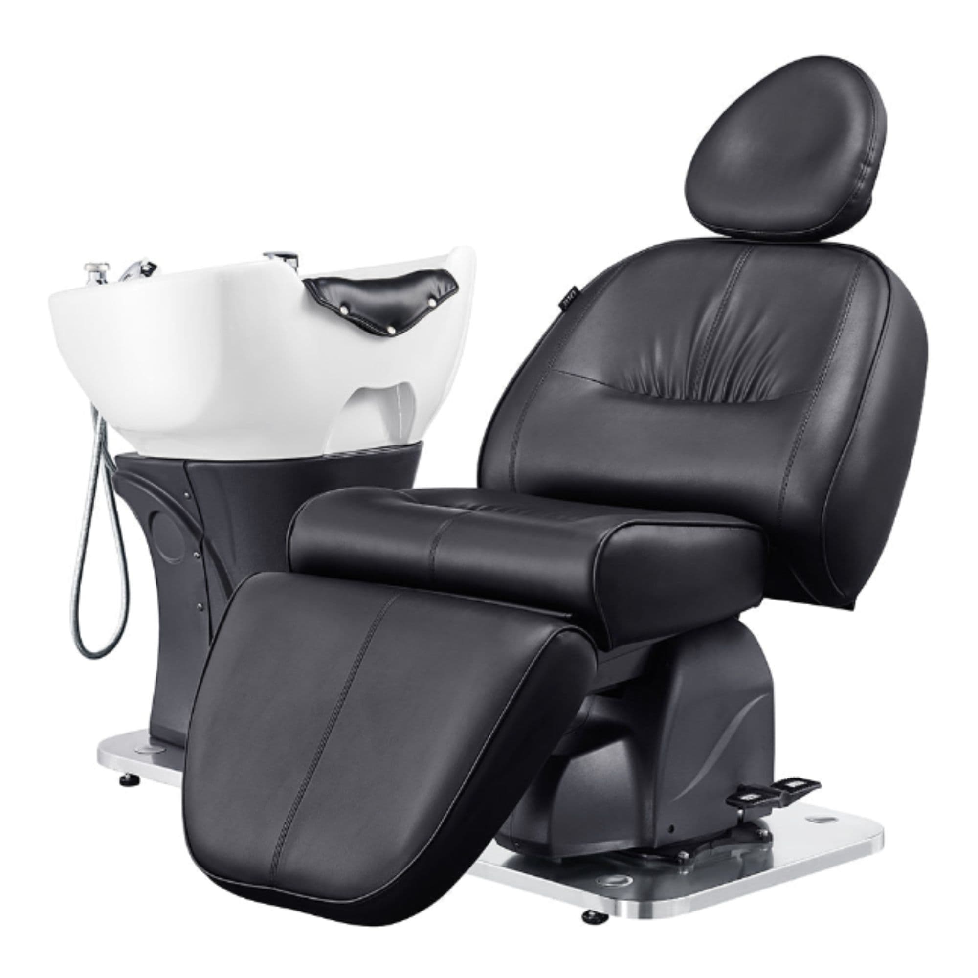 Maximus Spa Reclining Shampoo Bed with Rotating Seat Black Angled Front View Beside White Sink On White Background