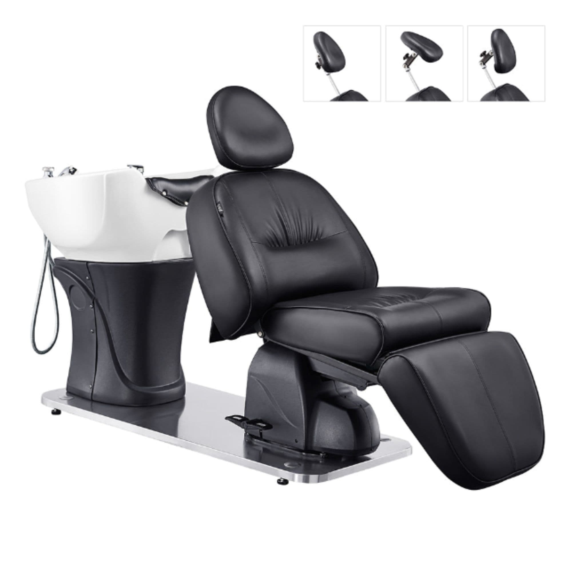 Maximus Spa Reclining Shampoo Bed with Rotating Seat Black Front Angled View With White Sink  And Adjustable Headrest On White Background