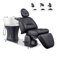 Thumbnail for Maximus Spa Reclining Shampoo Bed with Rotating Seat Black Front Angled View With White Sink  And Adjustable Headrest On White Background