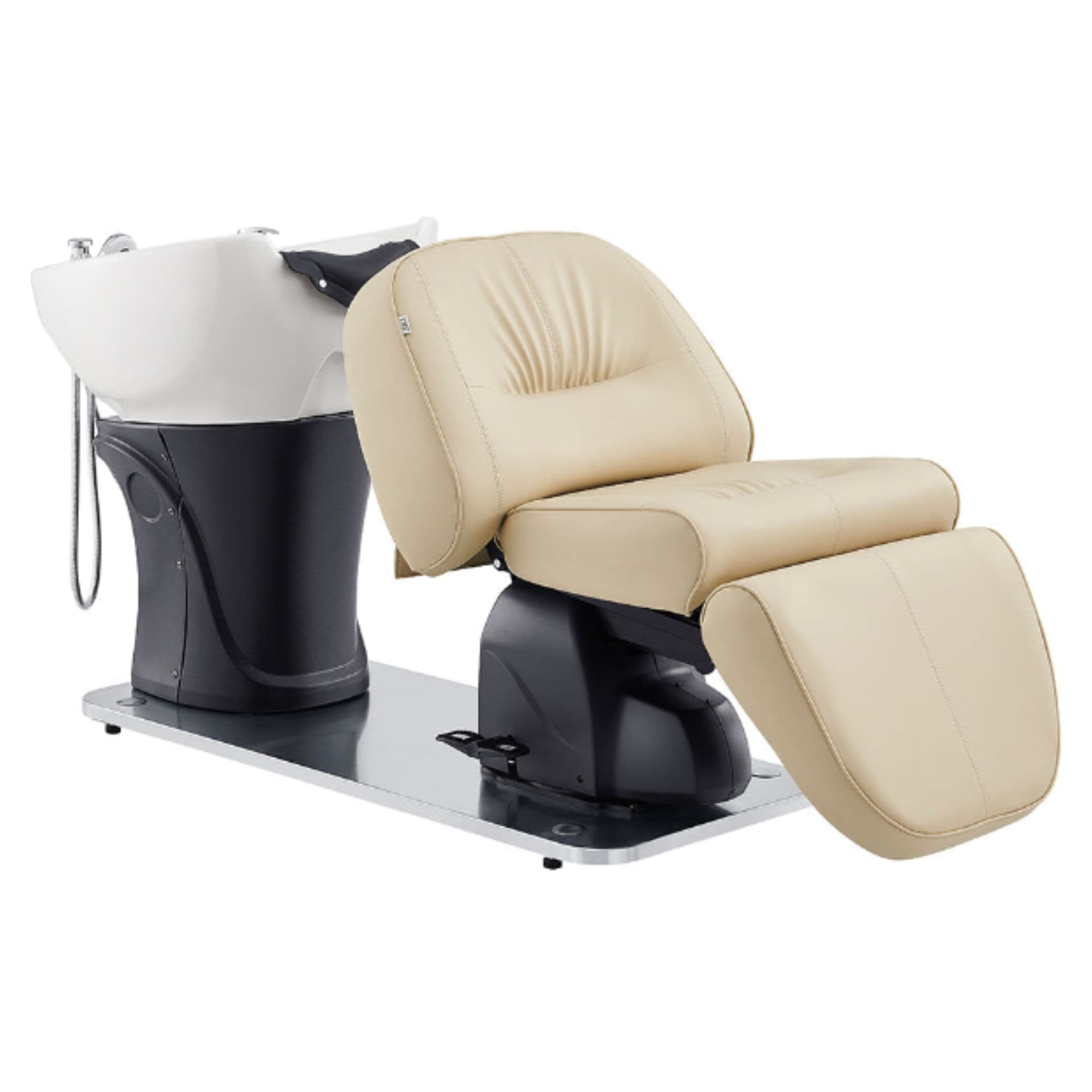 Maximus Spa Salon Reclining Shampoo Bed with Rotating Seat Beige Front Angled View With White Sink On White Background