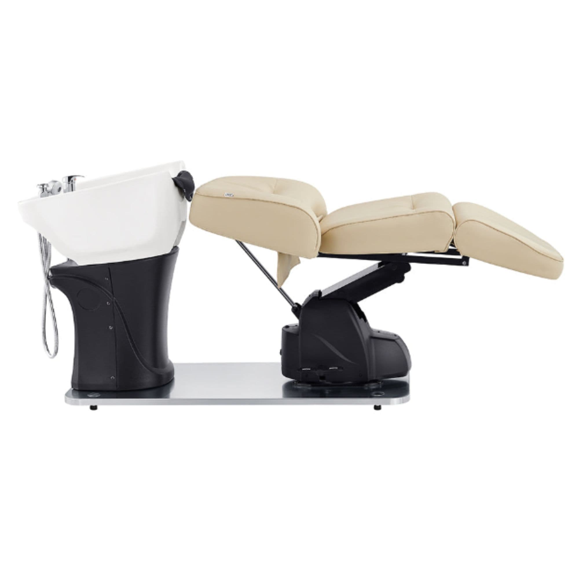 Maximus Spa Salon Reclining Shampoo Bed with Rotating Seat Beige Fully Reclined Side View With White Sink On White Background