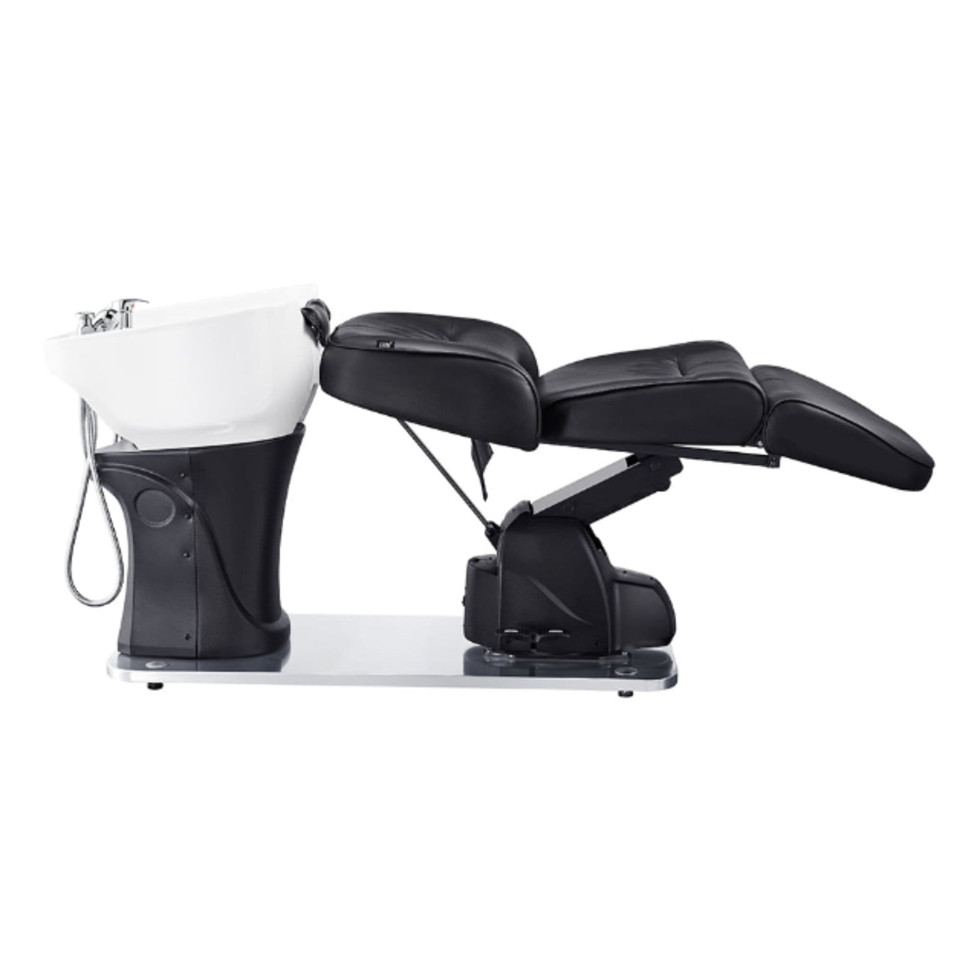 Maximus Spa Salon Reclining Shampoo Bed with Rotating Seat Black Fully Reclined Side View With White Sink On White Background