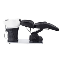 Thumbnail for Maximus Spa Salon Reclining Shampoo Bed with Rotating Seat Black Fully Reclined Side View With White Sink On White Background
