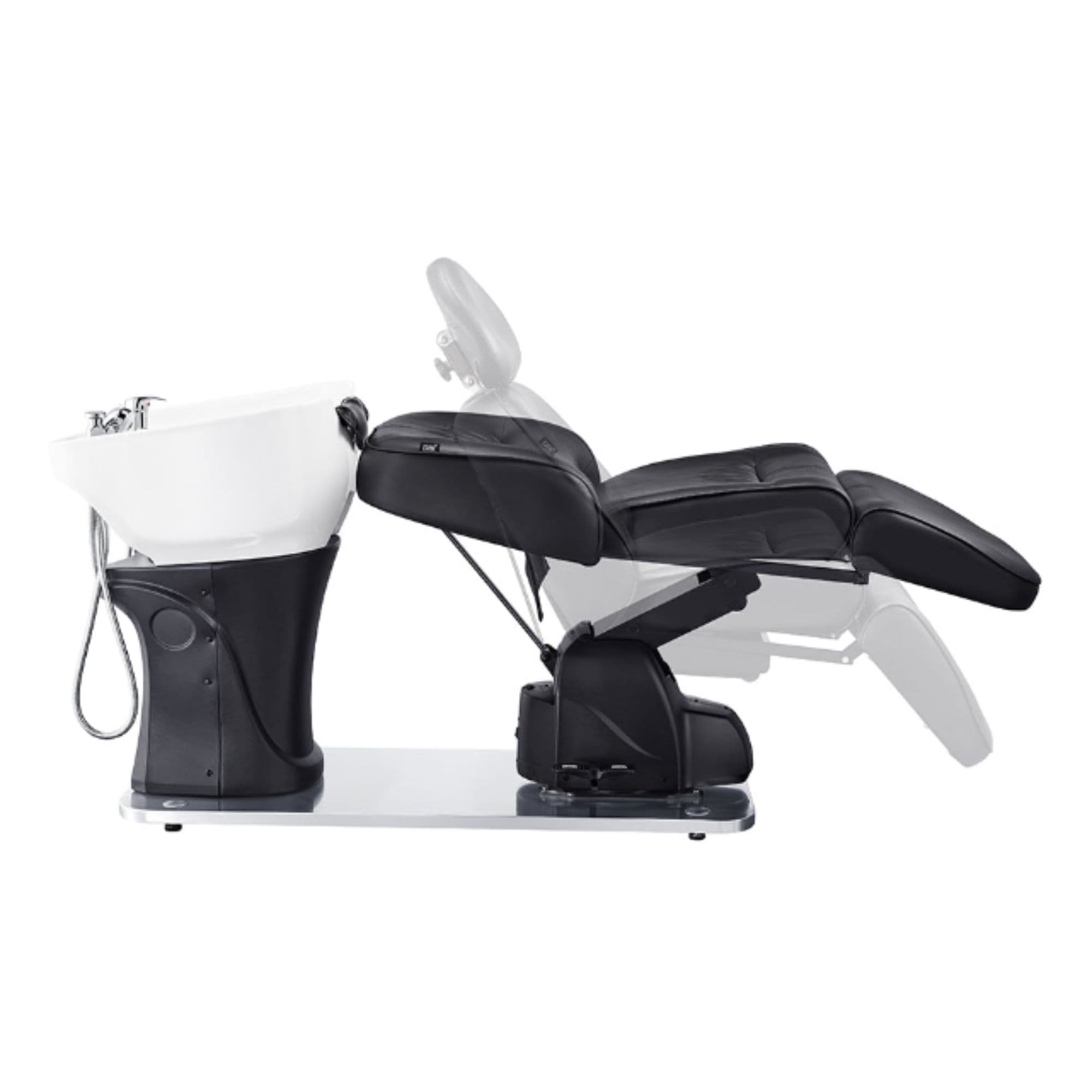 Maximus Spa Salon Reclining Shampoo Bed with Rotating Seat Black Side View And Adjustment Demo With White Sink On White Background