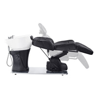 Thumbnail for Maximus Spa Salon Reclining Shampoo Bed with Rotating Seat Black Side View And Adjustment Demo With White Sink On White Background
