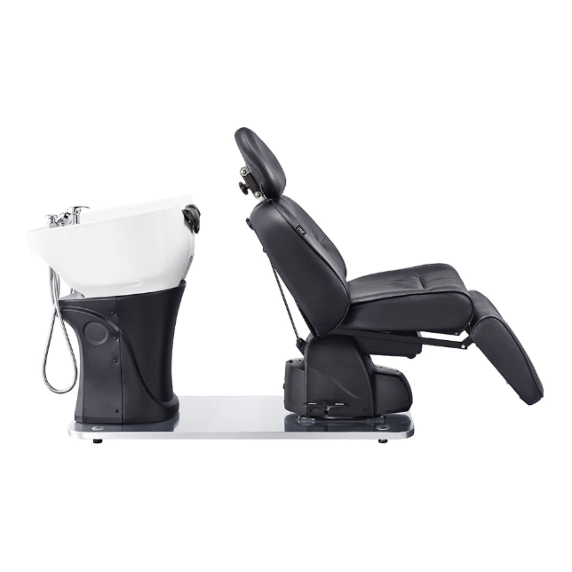 Maximus Spa Salon Reclining Shampoo Bed with Rotating Seat Black Side View With White Sink On White Background