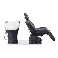 Thumbnail for Maximus Spa Salon Reclining Shampoo Bed with Rotating Seat Black Side View With White Sink On White Background