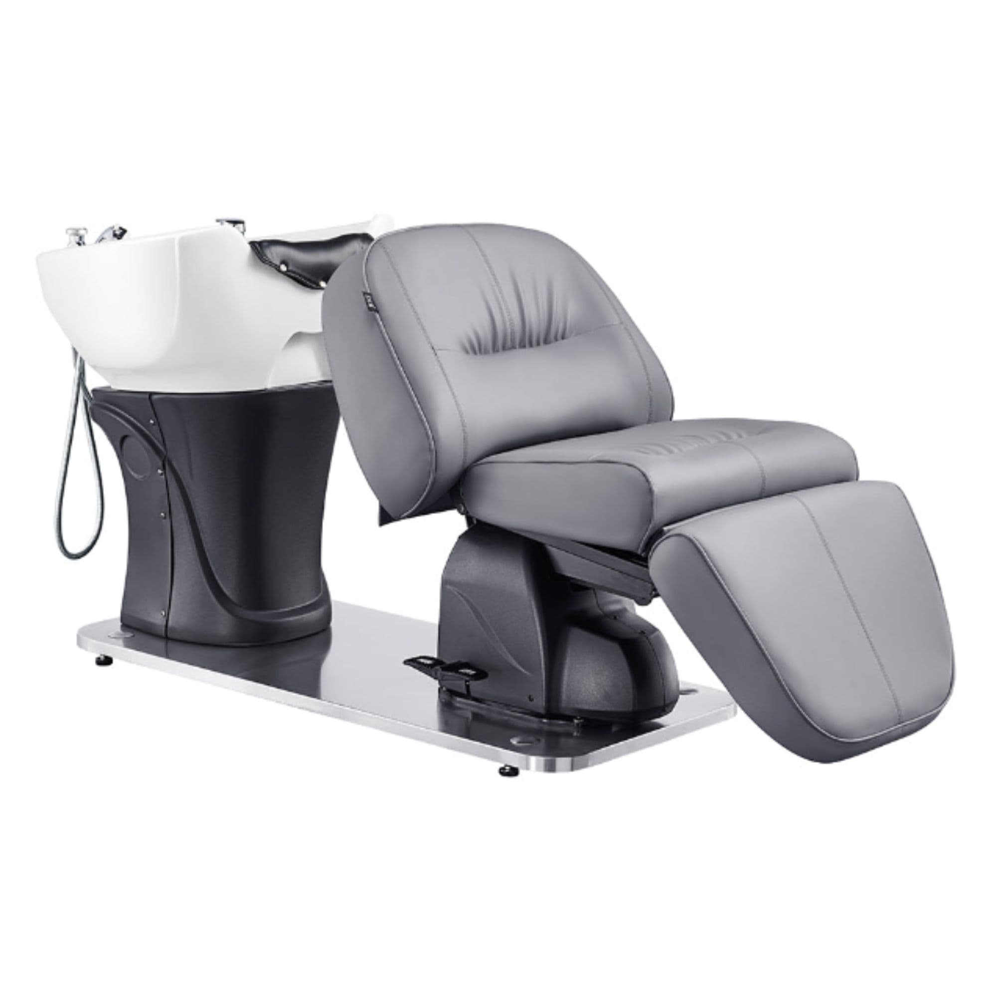 Maximus Spa Salon Reclining Shampoo Bed with Rotating Seat Gray Front Angled View With White Sink On White Background
