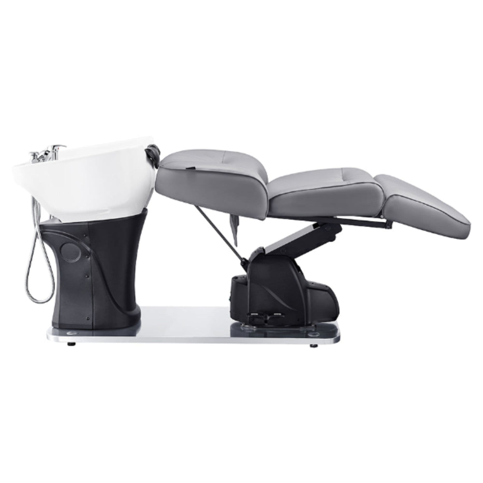 Maximus Spa Salon Reclining Shampoo Bed with Rotating Seat Gray Fully Reclined Side View With White Sink On White 