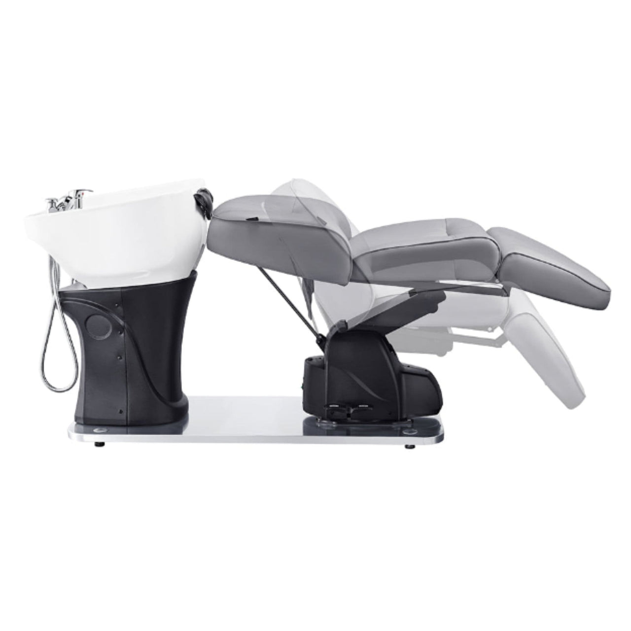 Maximus Spa Salon Reclining Shampoo Bed with Rotating Seat Gray Side View With Adjustment Demo And White Sink On White Background