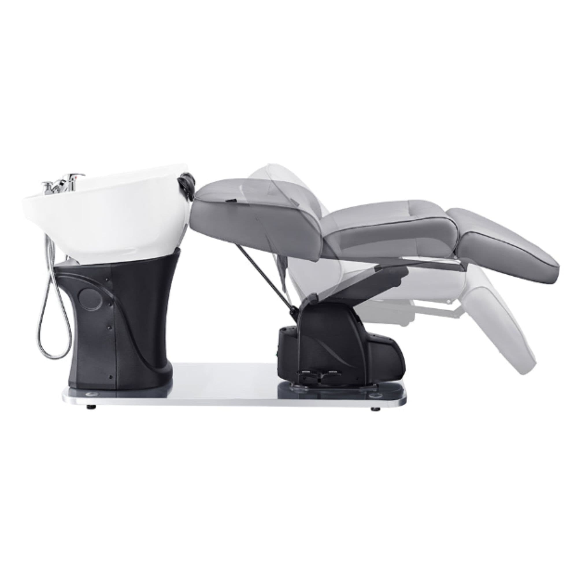 Maximus Spa Salon Reclining Shampoo Bed with Rotating Seat Gray Side View With Adjustment Demo And White Sink On White Background
