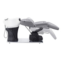 Thumbnail for Maximus Spa Salon Reclining Shampoo Bed with Rotating Seat Gray Side View With Adjustment Demo And White Sink On White Background