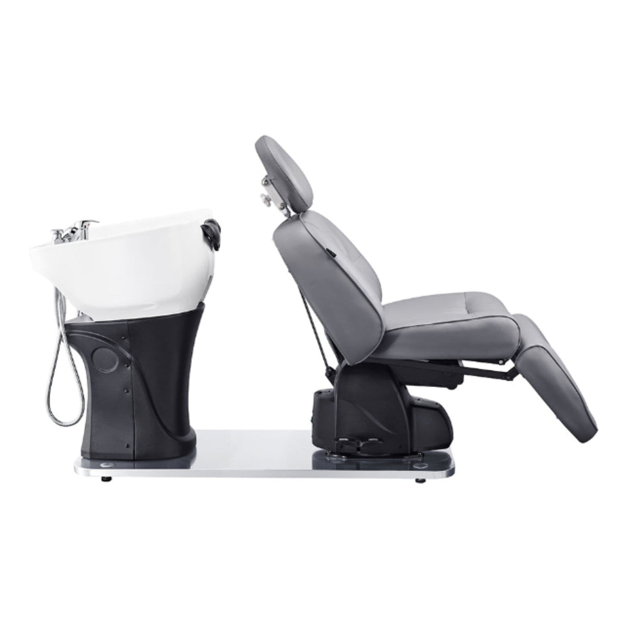 Maximus Spa Salon Reclining Shampoo Bed with Rotating Seat Gray Side View With White Sink On White Background
