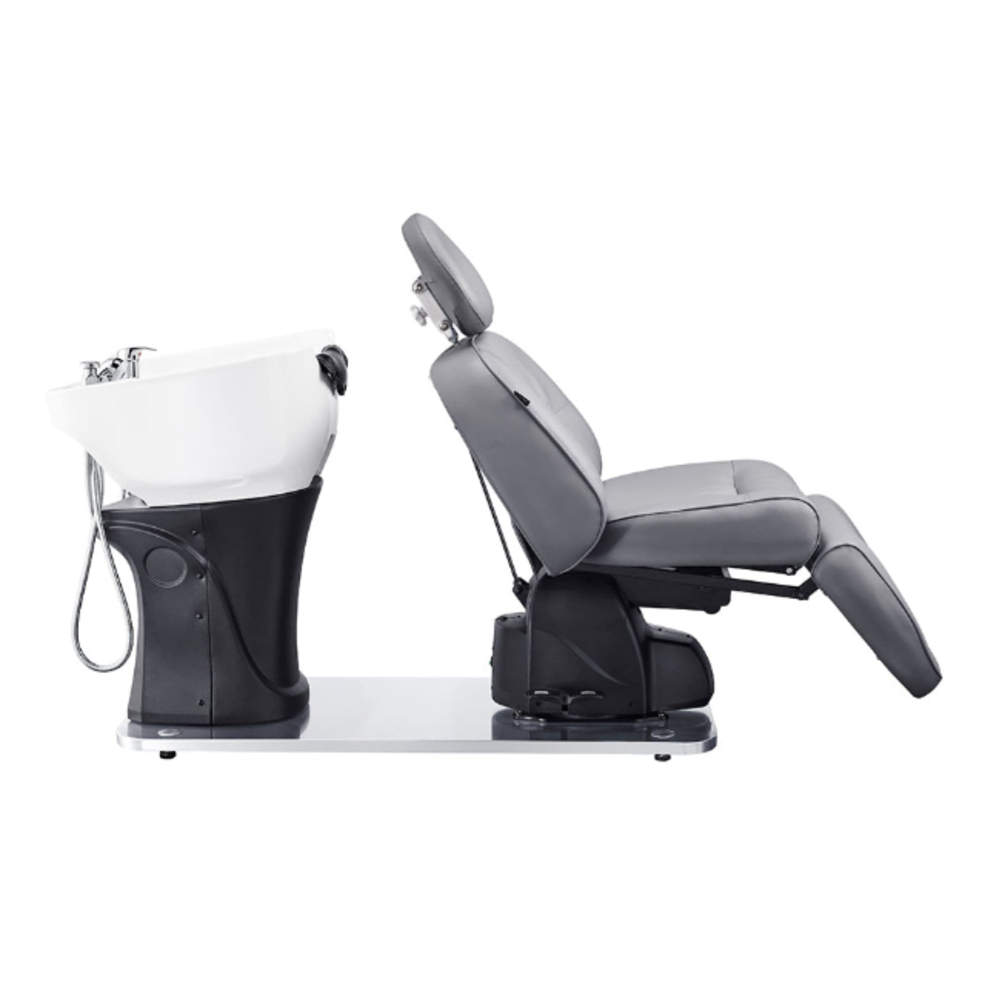 Maximus Spa Salon Reclining Shampoo Bed with Rotating Seat Gray Side View With White Sink On White Background