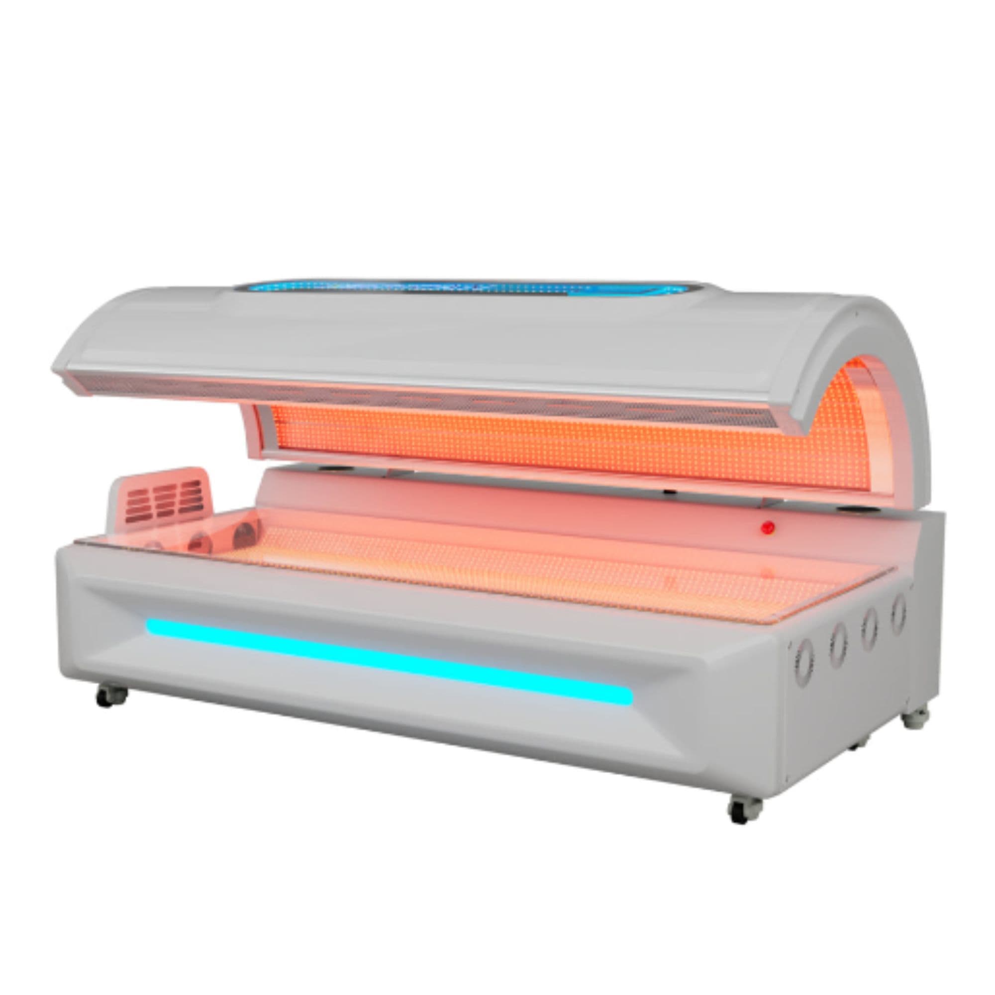 Merican M5N Plus Photobiomodulation Bed Slightly Opened Angled View With Lights On White Background