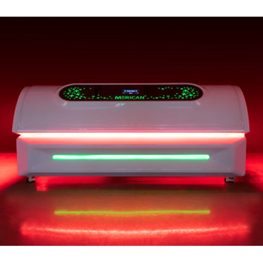 Merican M5N Plus Red Light Therapy Bed Closed Front View With Exterior Accent Lighting In Dark Room