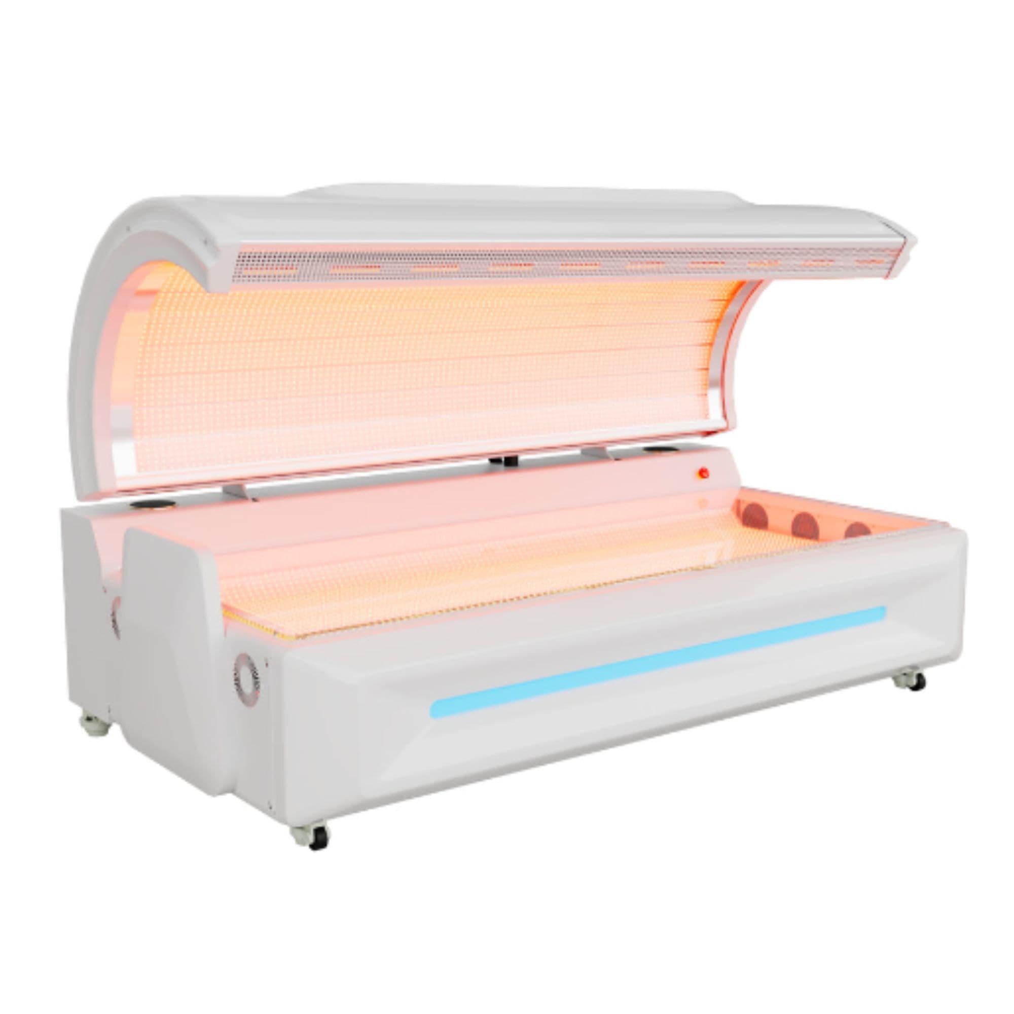 Merican M5N Plus Red Light Therapy Bed Fully Opened Angled View With Lights On White Background
