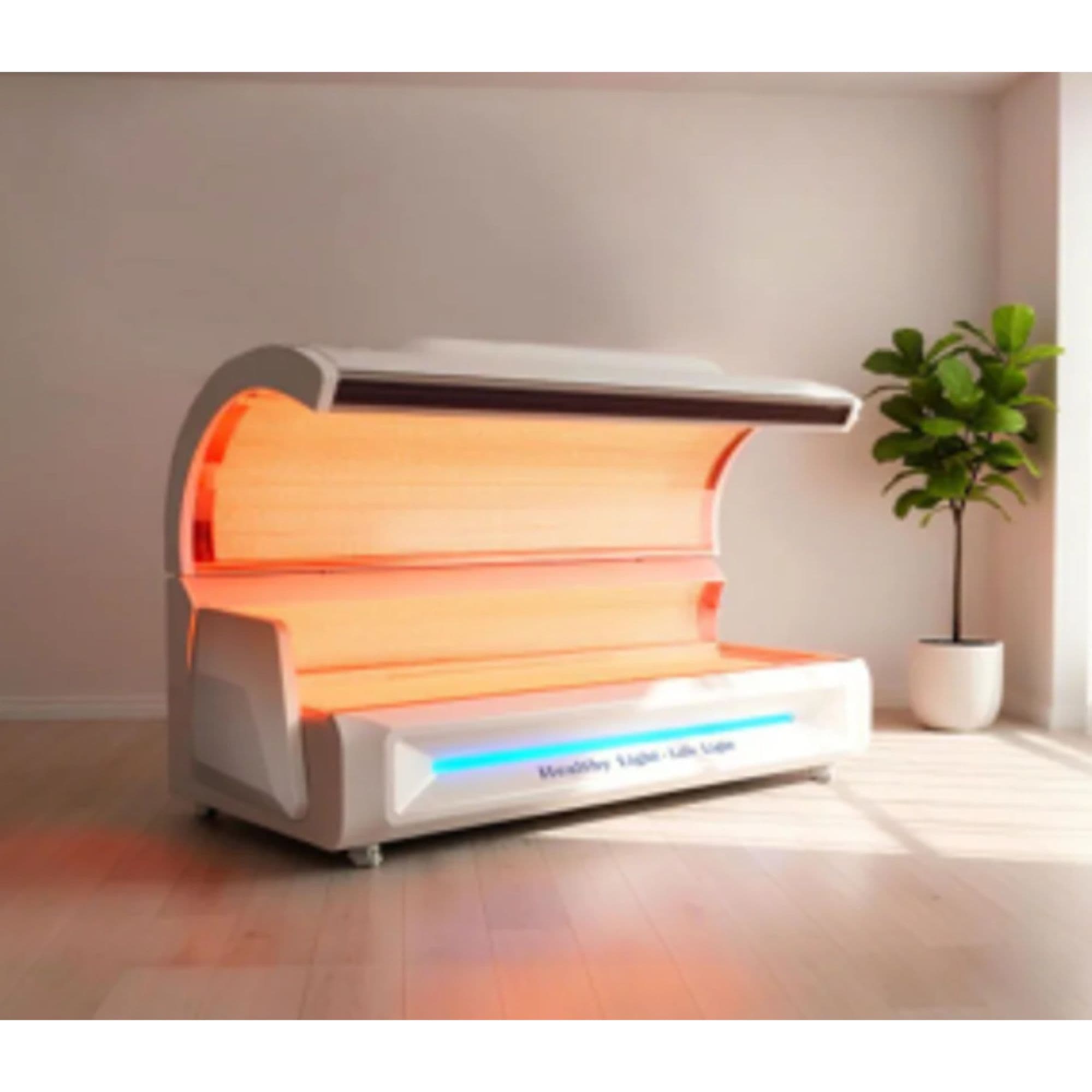 Merican M6N Photobiomodulation Bed Opened Angled View With Potted Indoor Plant