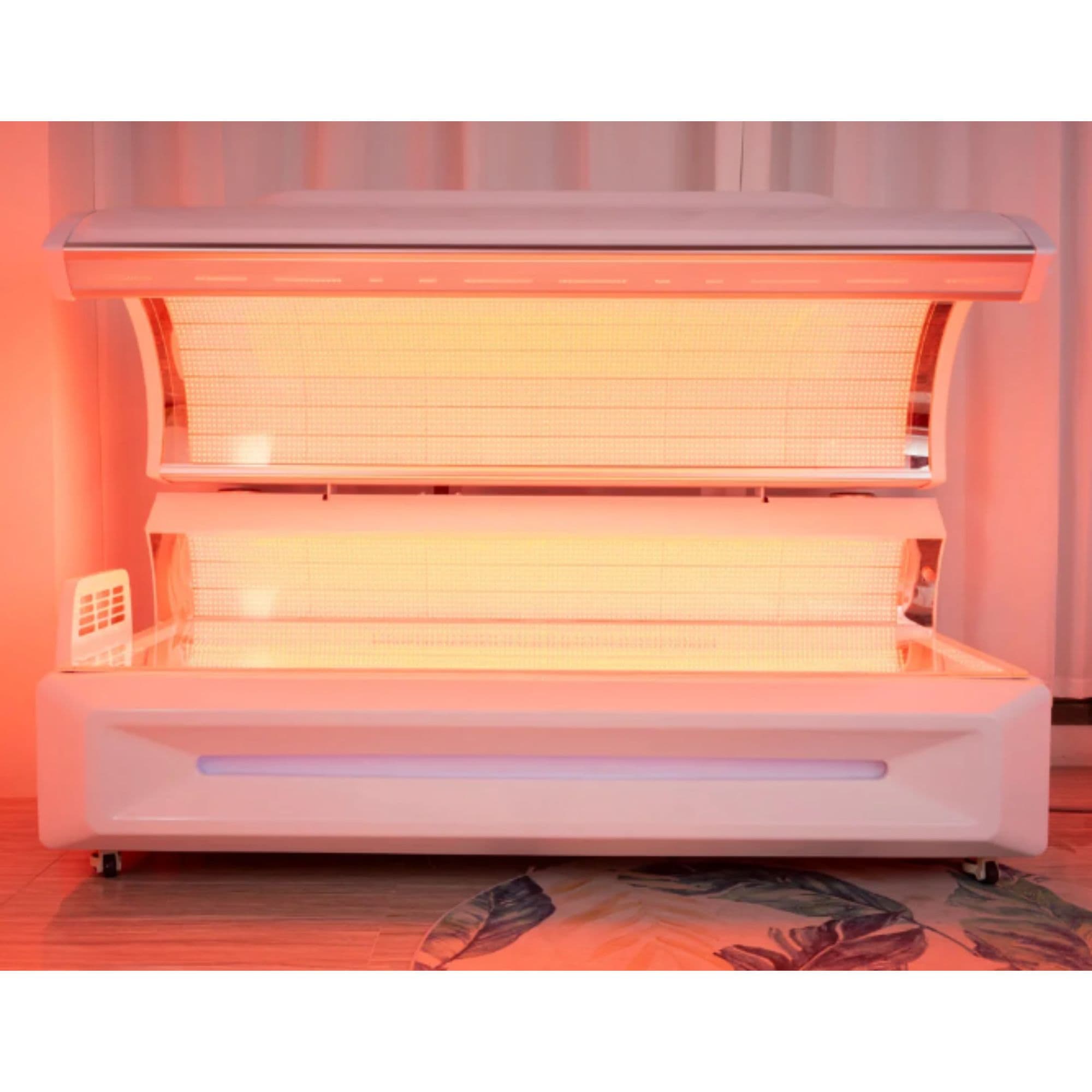Merican M6N Plus Photobiomodulation Bed Fully Opened Front View And Lights On With Floral Carpet Accent