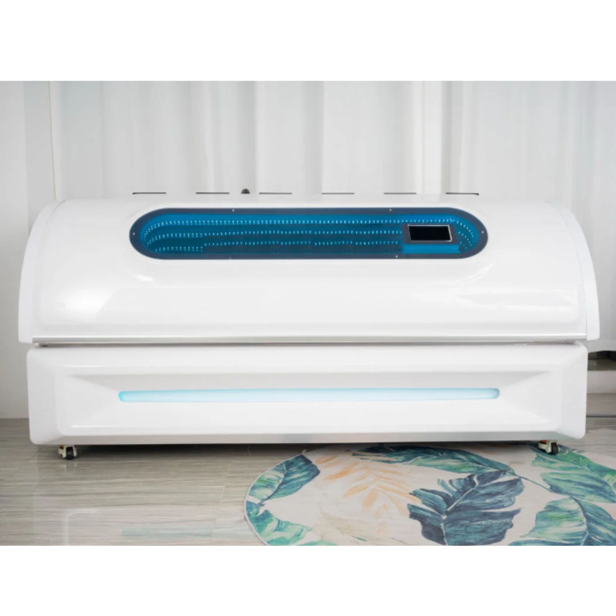 Merican M6N Plus Red Light Therapy Bed Closed Front View With Floral Carpet Accent