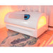 Merican M6N Red Light Therapy Bed Closed Angled View And Lights On With Floral Carpet Accent
