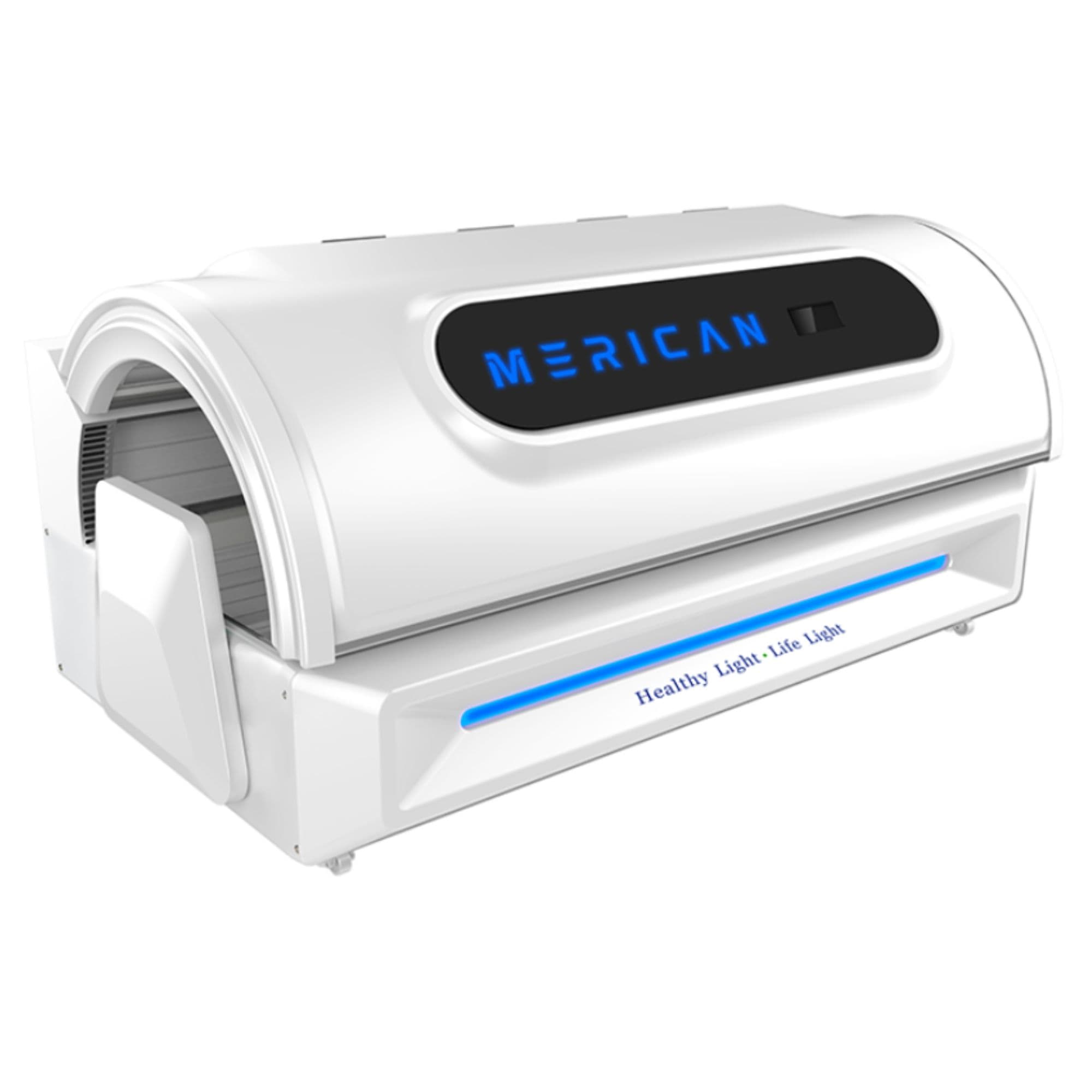 Merican M6N Red Light Therapy Bed White Variant Front Left Angled View With Brand Name On White Background