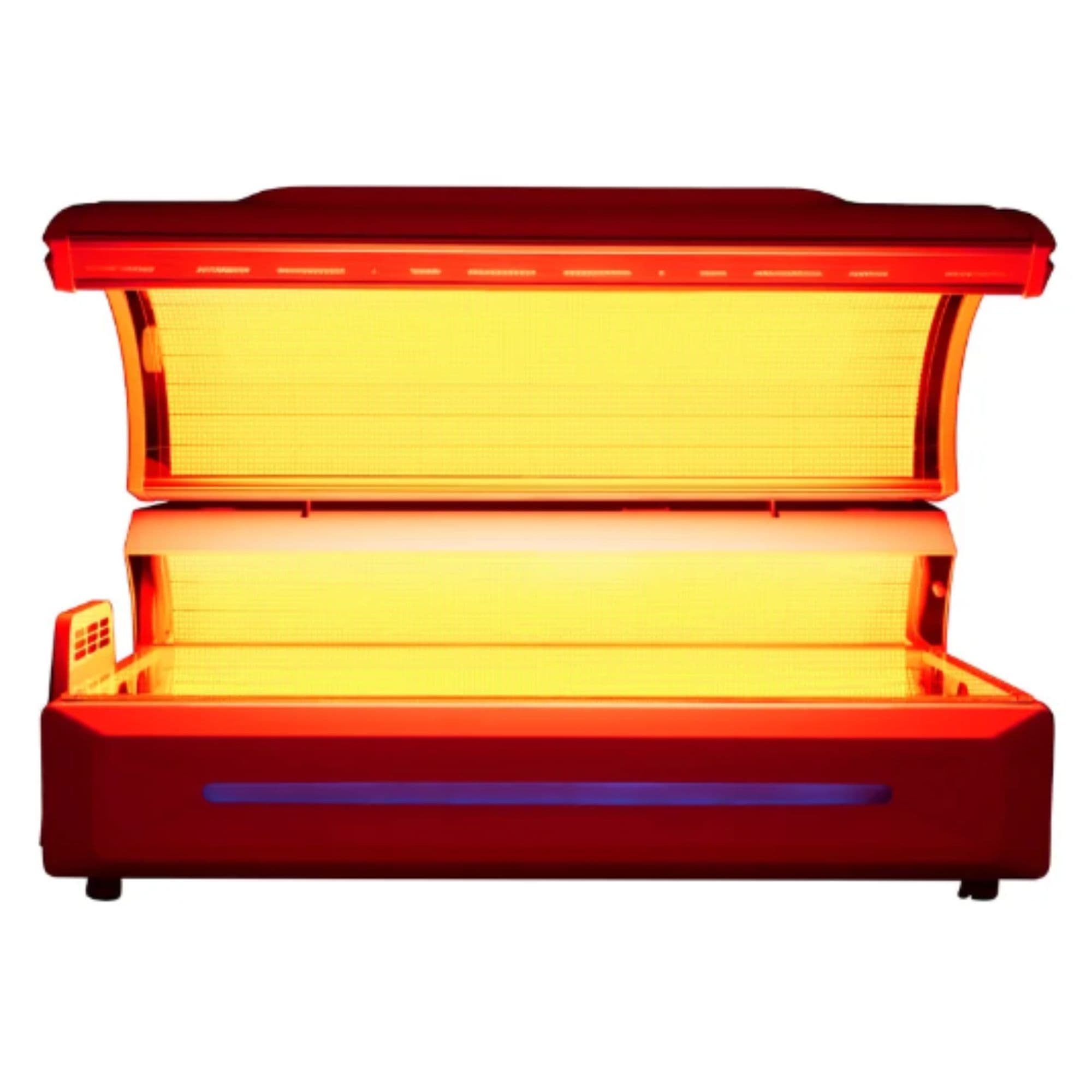 Merican M6 Plus Red Light Therapy Bed Fully Opened Front View Showing Interior Panels With Lights On