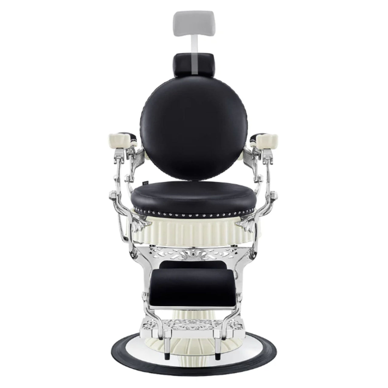 Mikado Barber Chair Vintage Black Variant Front View Demonstrating Pull Out Headrest Range On White Background