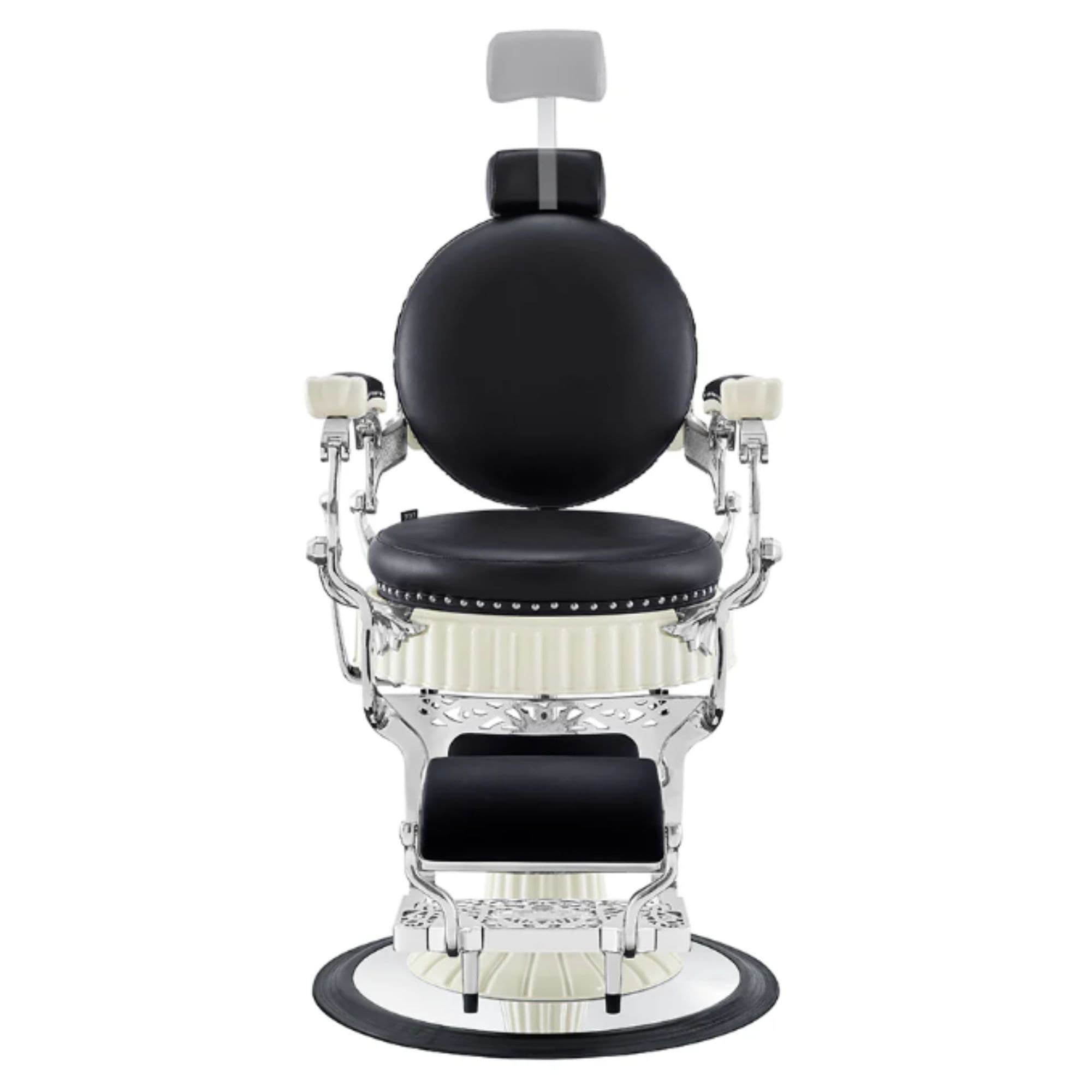 Mikado Barber Chair Vintage Black Variant Front View Demonstrating Pull Out Headrest Range On White Background